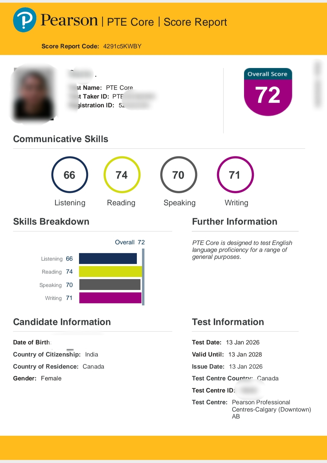 PTE Score Card - Student 3